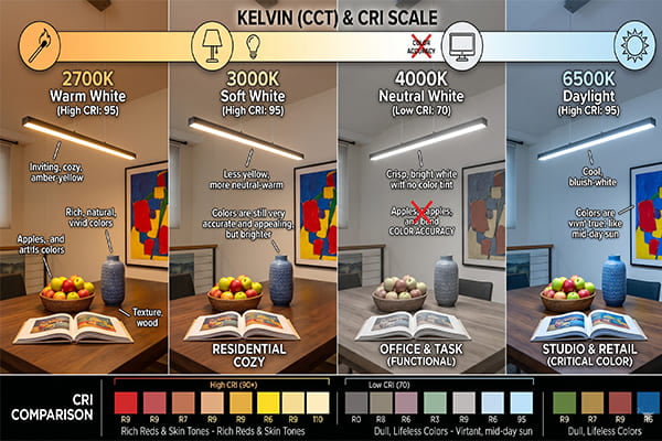 Different color temperatures of light in a room